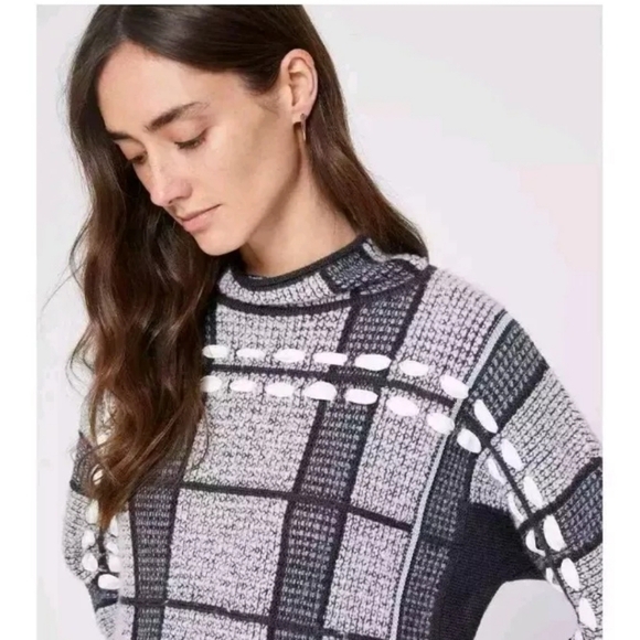 Club Monaco Plaid Woven Sweater Wool Blend Mock Neck Pullover Gray Womens Small - Picture 1 of 13